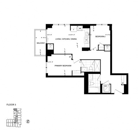 Floor plan for 2 beds, 2 baths, 745 sqft